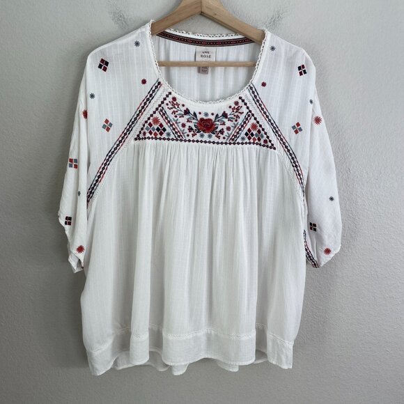 Knox Rose Womens Plus XXL Embroidered White Peasant Blouse Short Sleeve Boho Top - Picture 7 of 11